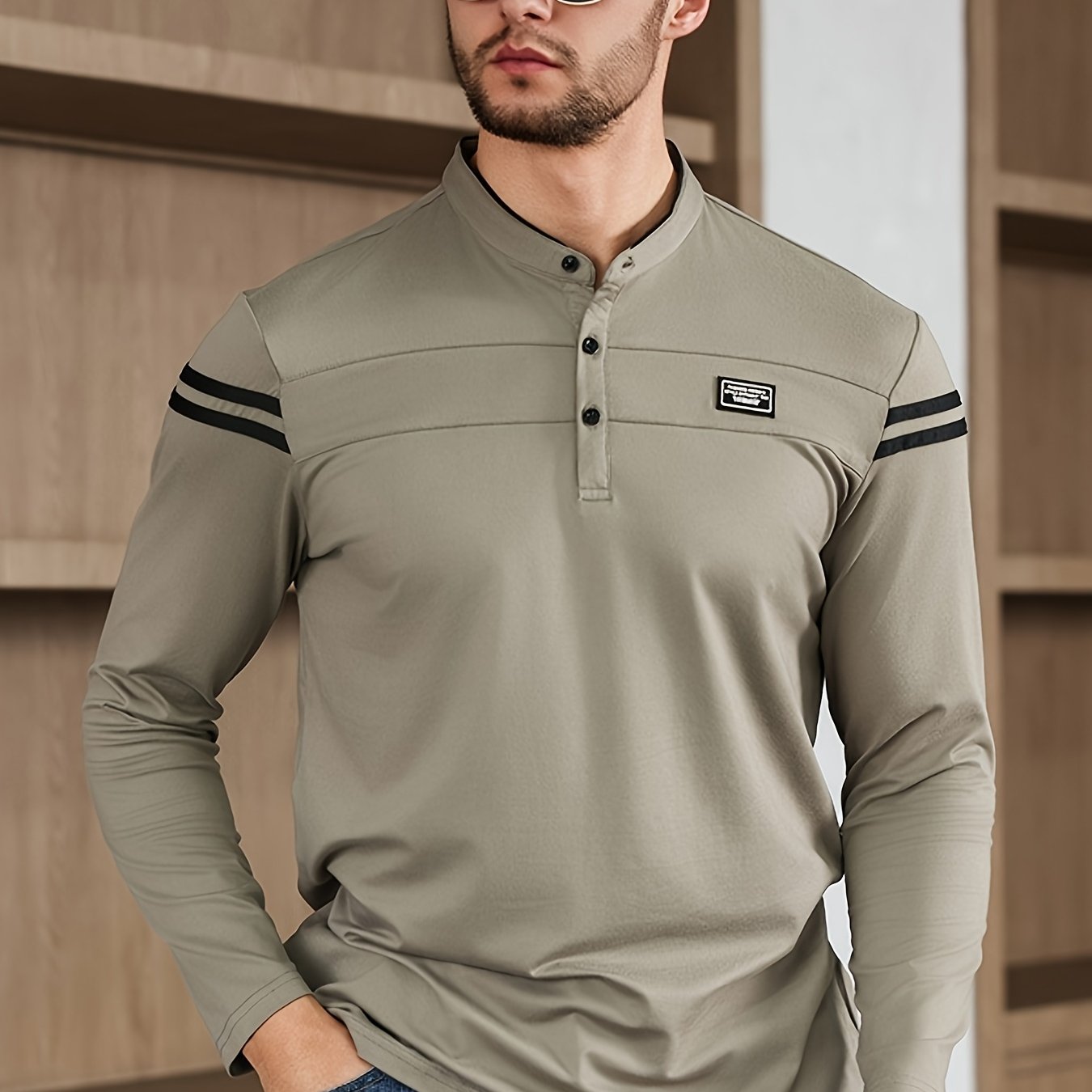 Men'S Casual Long Sleeve T-Shirt - Solid Color with Stand Collar Stripe Polo, Button-Up Front, Ideal for Outdoor Activities