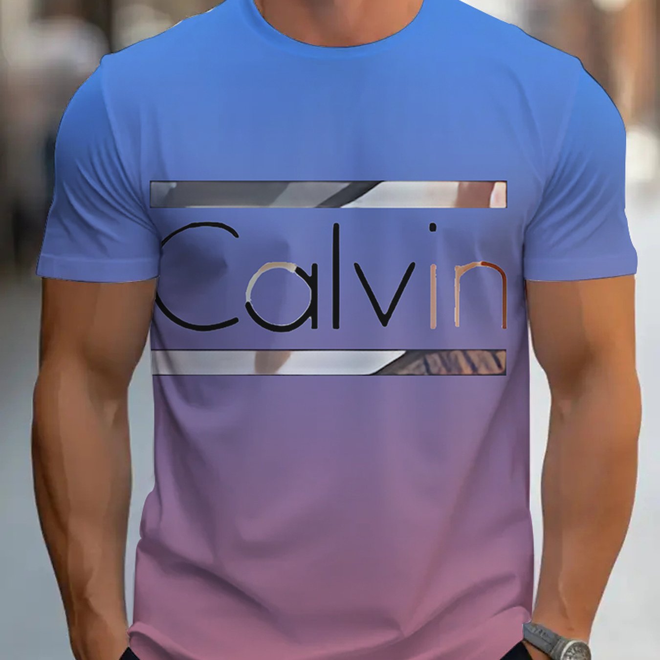 Men'S "Calvin" Graphic T-Shirt - Casual 3D Print Letter Tee with Geometric Design, Short Sleeve, Round Neck, Light Blue, Perfect for Summer, Everyday Sportswear, Casual Wear Tee Modern Casualwear Comfortable Fit