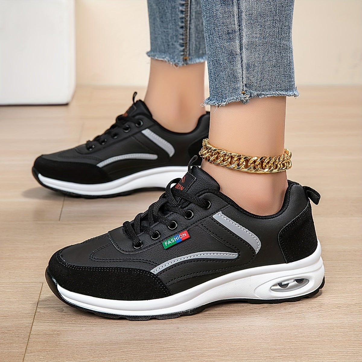 AOPLUS Women's Fashion Sneakers - Lightweight, Comfortable, and Breathable Low-Top Sneakers with Air Cushion Support, White Blue Design, PU Cover Upper, Fabric Lining, All-Season Wear