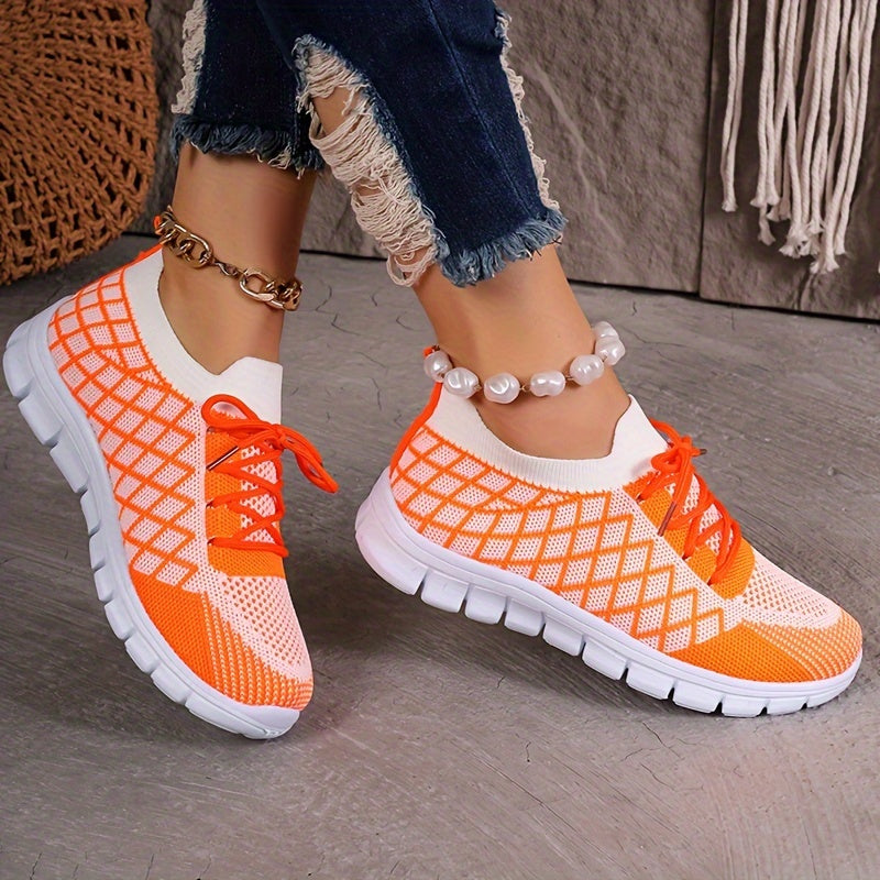 Women's Breathable Knit Sneakers - Lightweight, Lace-Up Casual Shoes with EVA Sole, Available in Brown, Purple, Orange, and Yellow Gradient - Stylish All-Season Footwear, Ladies Sneakers