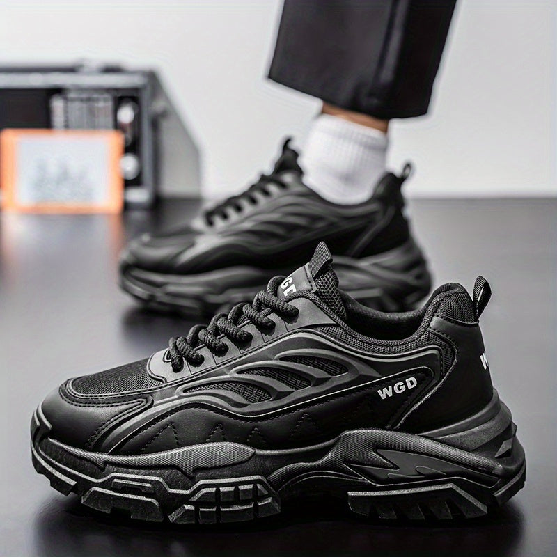 Men's Sneakers - Lightweight Cushioned Platform Sneakers with Non-Slip PVC Outsole, Breathable Low-Top design for Gym, Running, Casual - All-Season Everyday Formal Shoes - Black, Sleek Shoe Design, Fabric Lined Interior