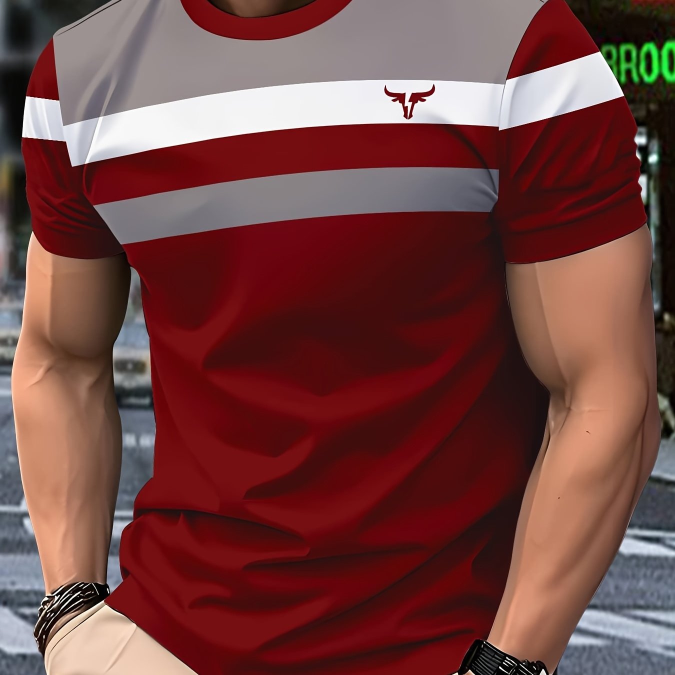 Men'S 3D Digital Print Short Sleeve T-Shirt - Vibrant Color Block Stripes Bull Head Logo, Breathable Lightweight Fabric, Regular Fit All-Season Casual Top, Durable Urban Style Tee, Versatile Clothing, Modern Fashion, Comfor