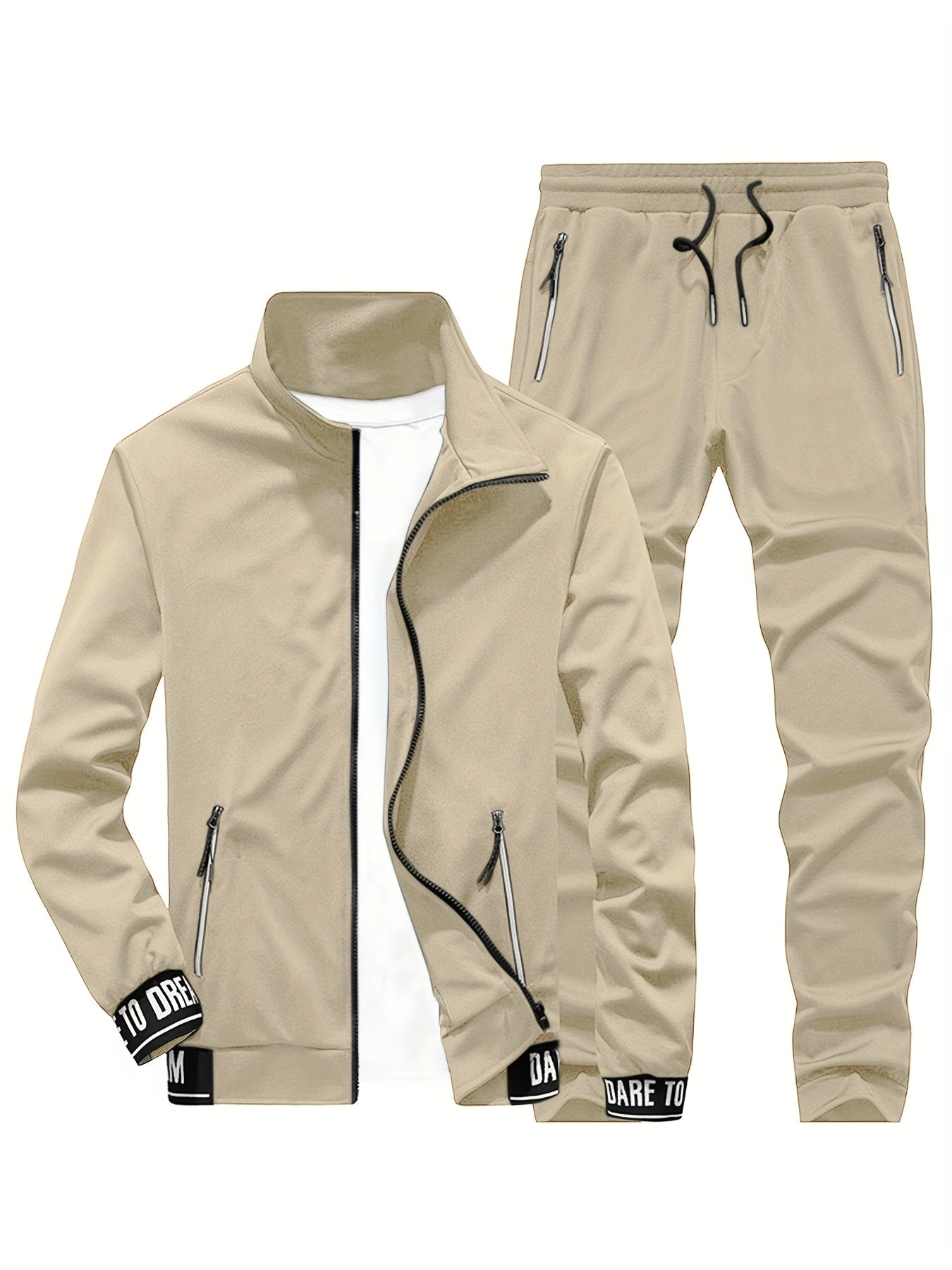 Men'S Casual Sportswear Set - Beige Zip-Up Jacket & Joggers with "DARE TO BE" Print, Long Sleeve, Pockets, and Drawstring Waist, Perfect for Running and Leisure Activities, Spring/Fall Collection, Spring Fall Attire | Zipup J