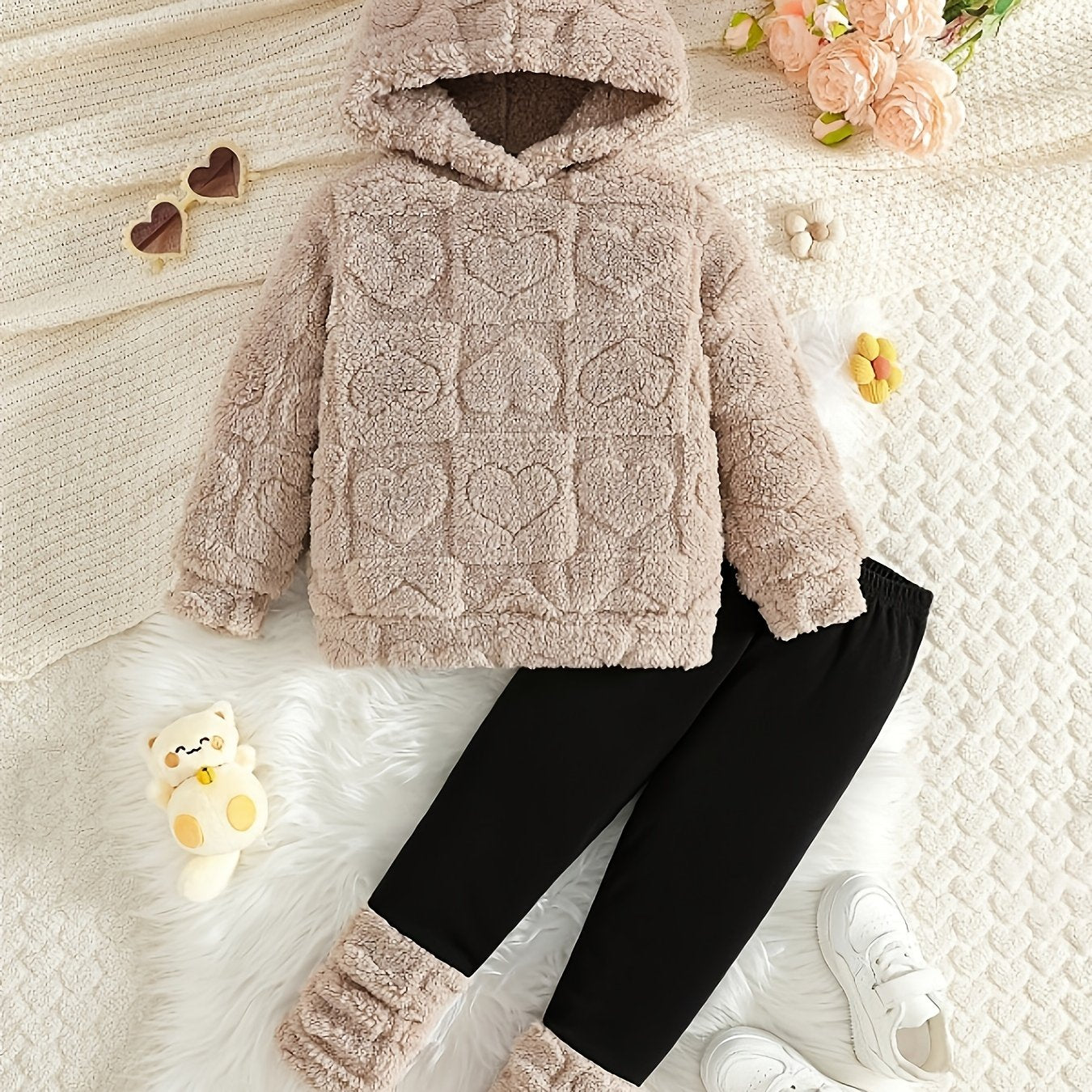 ' Cozy Fleece Hooded Sweatshirt & Pants Set - Warm Winter Outfit with Heart Pattern, Long Sleeve Pullover & Matching Pants, Perfect for Outdoor Play, Casual Style, Regular Fit, Winter Clothes for , Playful Design, Soft Textur
