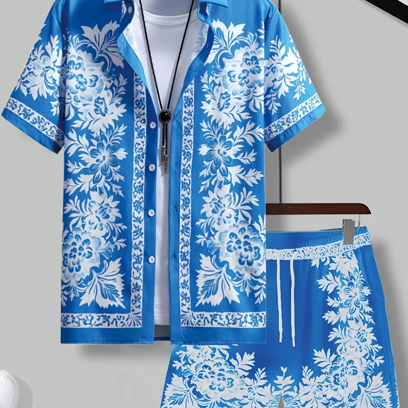 Men'S Two Sets of Floral Print Casual Button-Up + Drawstring Sports Shorts Two-Piece Hawaiian Beach Sports Styl