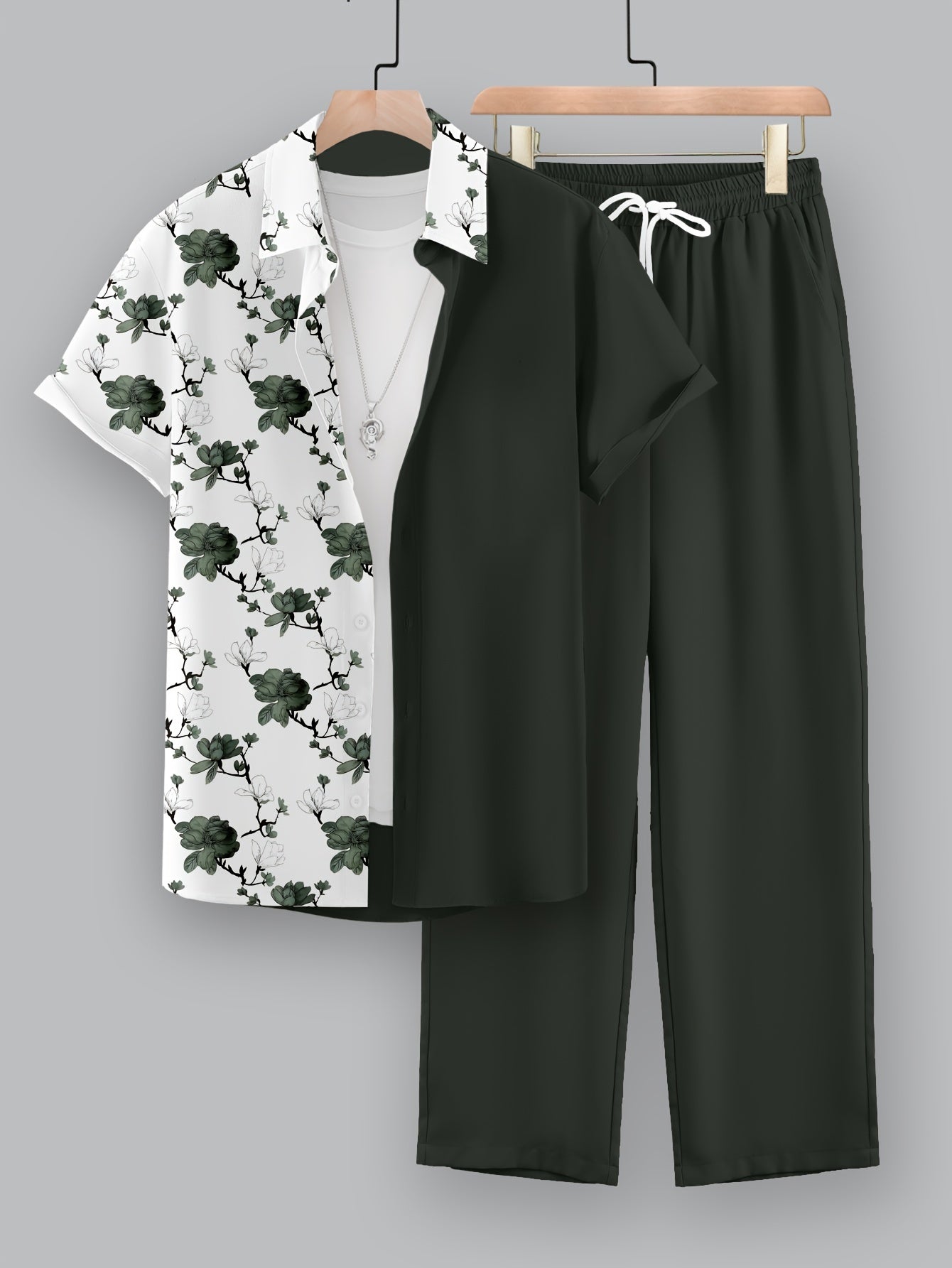 Men's Casual 2-Piece Set, Random Print Short Sleeve Shirt And Drawstring Pants, Regular Fit, Casual Beach Vacation Outfit