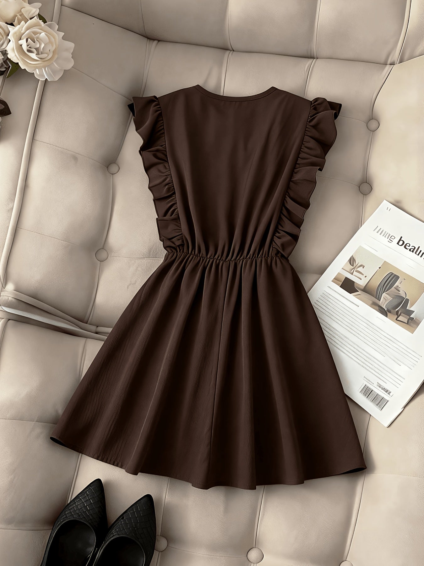 Vintage Waist-Cinching Solid Ruffle Mini Dress for Women
