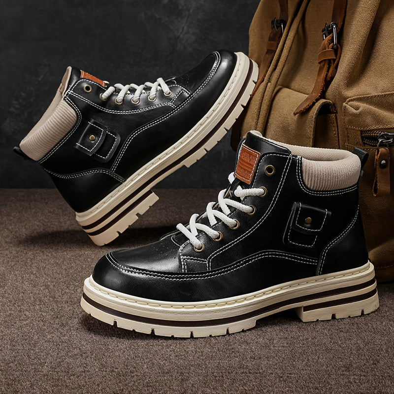 Men'S Retro British Style Mid-Top Work Boots - Black Faux Cover with White Laces, Durable PVC Sole, Comfortable Fabric Lining for Casual & Streetwear, Spring/Fall Footwear, Streetwear Footwear | Retro Style Boots | Durable PV