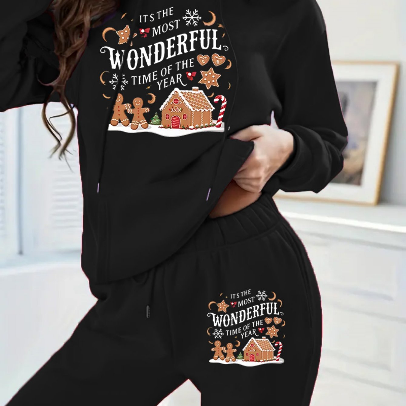 Women'S Cozy Fleece Hoodie & Sweatpants Set - "It'S the Most Wonderful Time of the Year" with Gingerbread House & Christmas Tree Design, Warm Long Sleeve Pullover with Drawstring Waist, Perfect for Fall/Winter, Christmas Paja