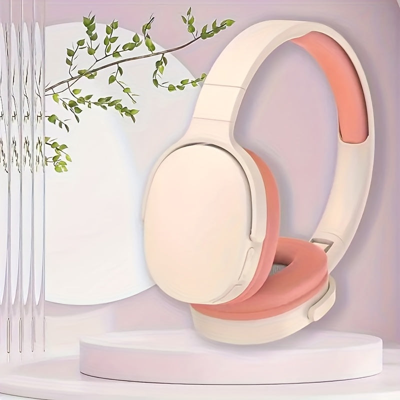 Beige Wireless Headphones, High Fidelity Stereo Sound, Foldable Design, Suitable for Travel and Sports, Compatible with Mobile Phones, Button Volume Control, USB Type-C Charging, Rechargeable Lithium Polymer Battery, Non-Wate