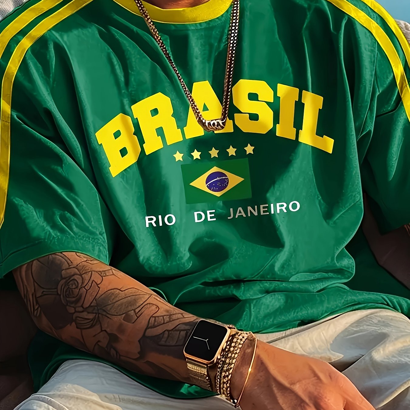 Men'S Casual Short-Sleeve T-Shirt with 3D Digital Printing, Round Neck, Brazilian Style, Made of Slightly Stretchy Polyester Knit Fabric, Suitable for Summer Outdoor Activities And Everyday Wear.