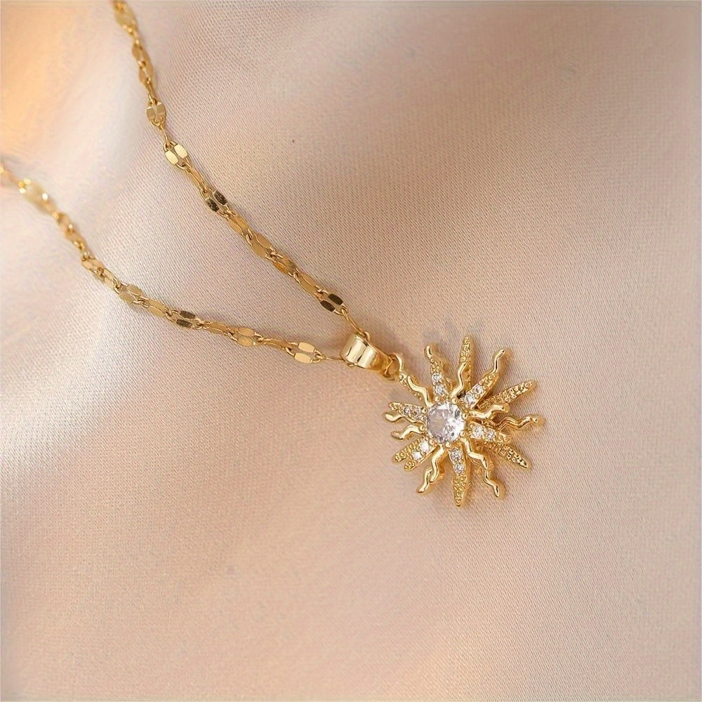 18K Gold Plated Sun Pendant Necklace with Sparkling Cubic Zirconia