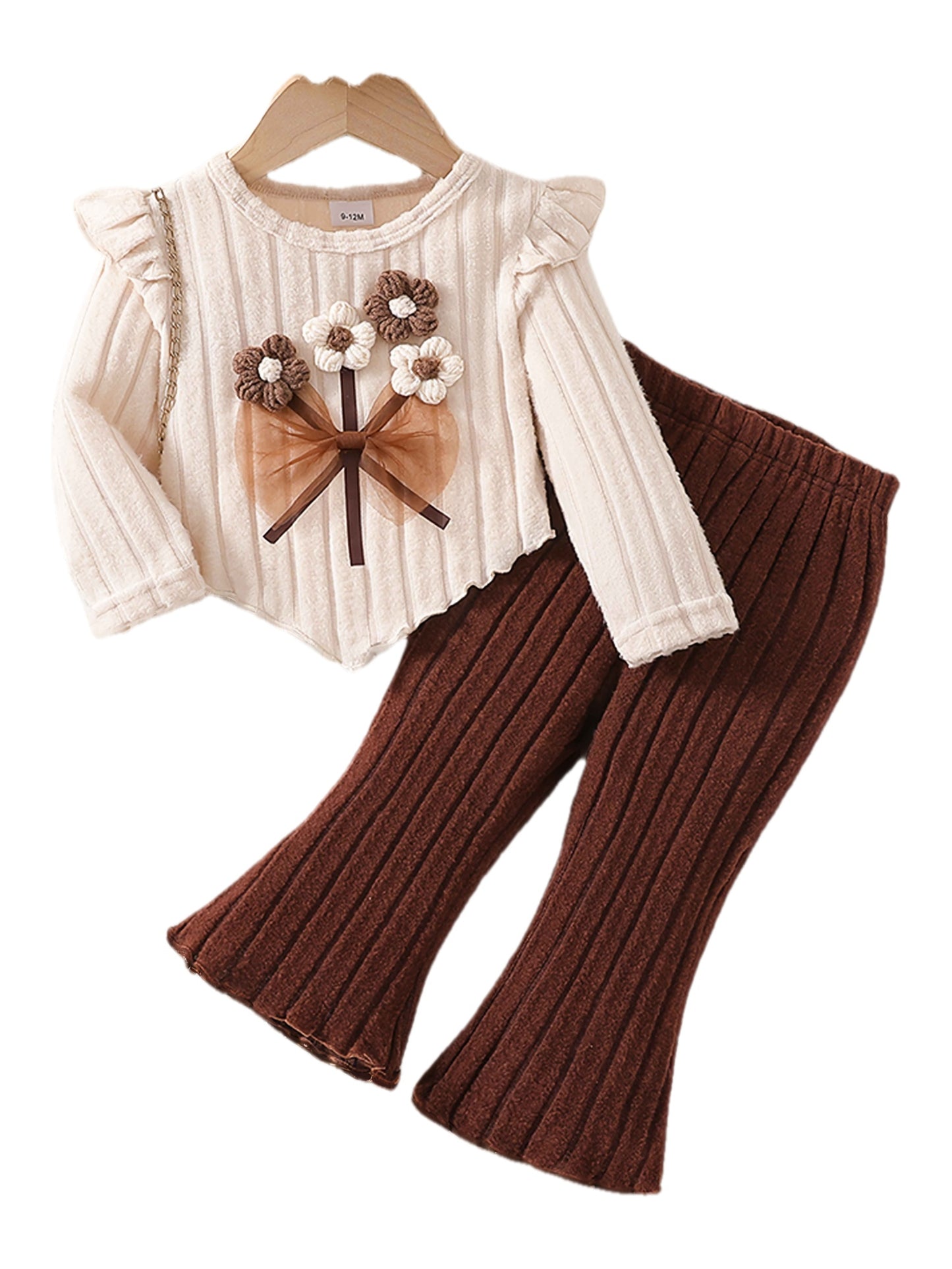 Girls' Autumn Casual 3D Floral Bow Puff Sleeve Knit Set