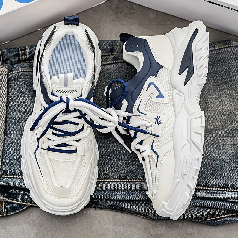 Men'S Breathable Mesh Sneakers with Thick Cushioned Sole - Lightweight Low-Top Lace-Up Shoes for Running, Hiking Casual Wear, Navy Blue White Design, All-Season Comfort, Sneakers, Hiking Footwear, Stylish Laceup Shoes, Du