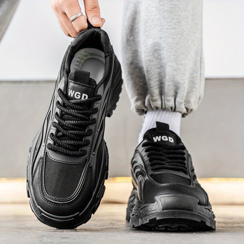 Men's Sneakers - Lightweight Cushioned Platform Sneakers with Non-Slip PVC Outsole, Breathable Low-Top design for Gym, Running, Casual - All-Season Everyday Formal Shoes - Black, Sleek Shoe Design, Fabric Lined Interior