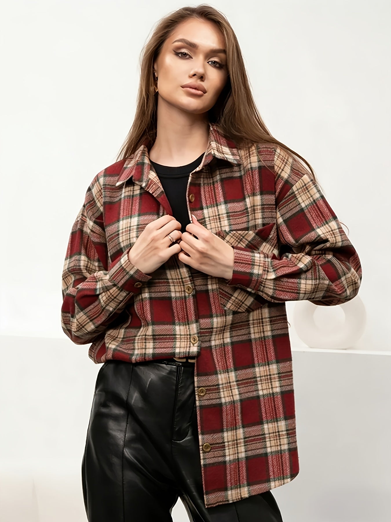 Plaid Long Sleeve Women's Casual Blouse with Lapel Collar