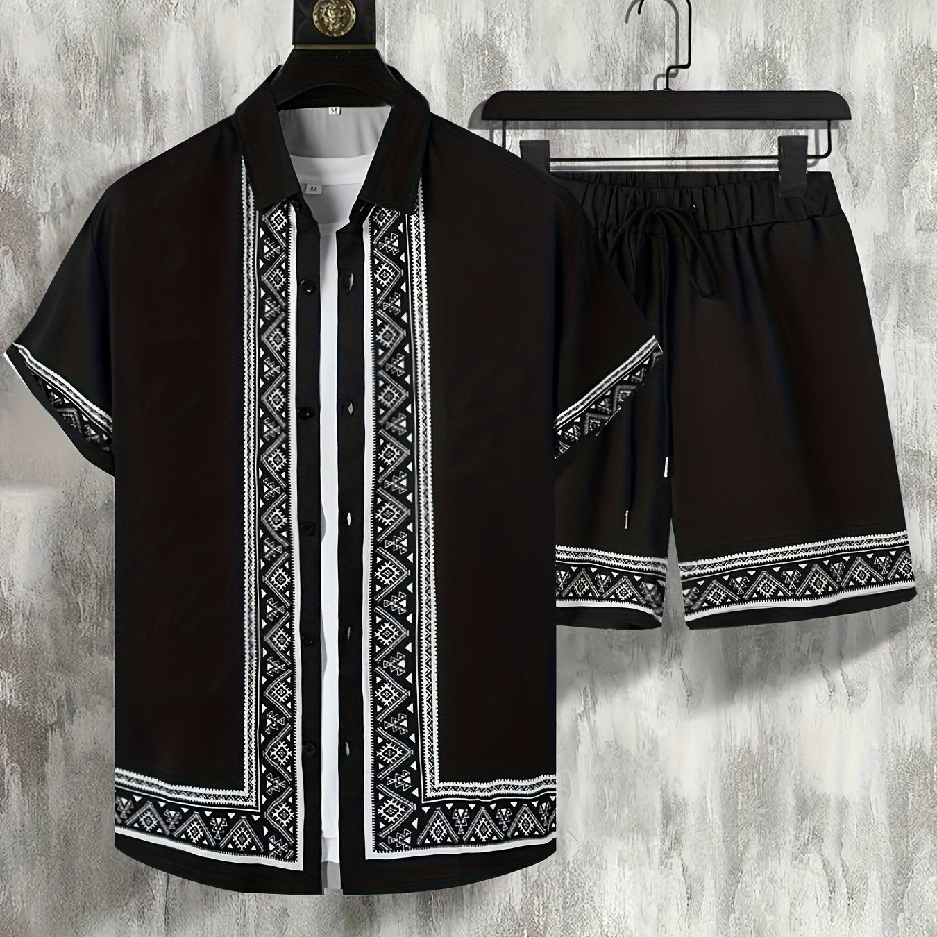 Men'S Two-Piece Set Consisting of a Casual Short-Sleeve Button-Up Shirt And Drawstring Pants, Perfect for Summer Wear.