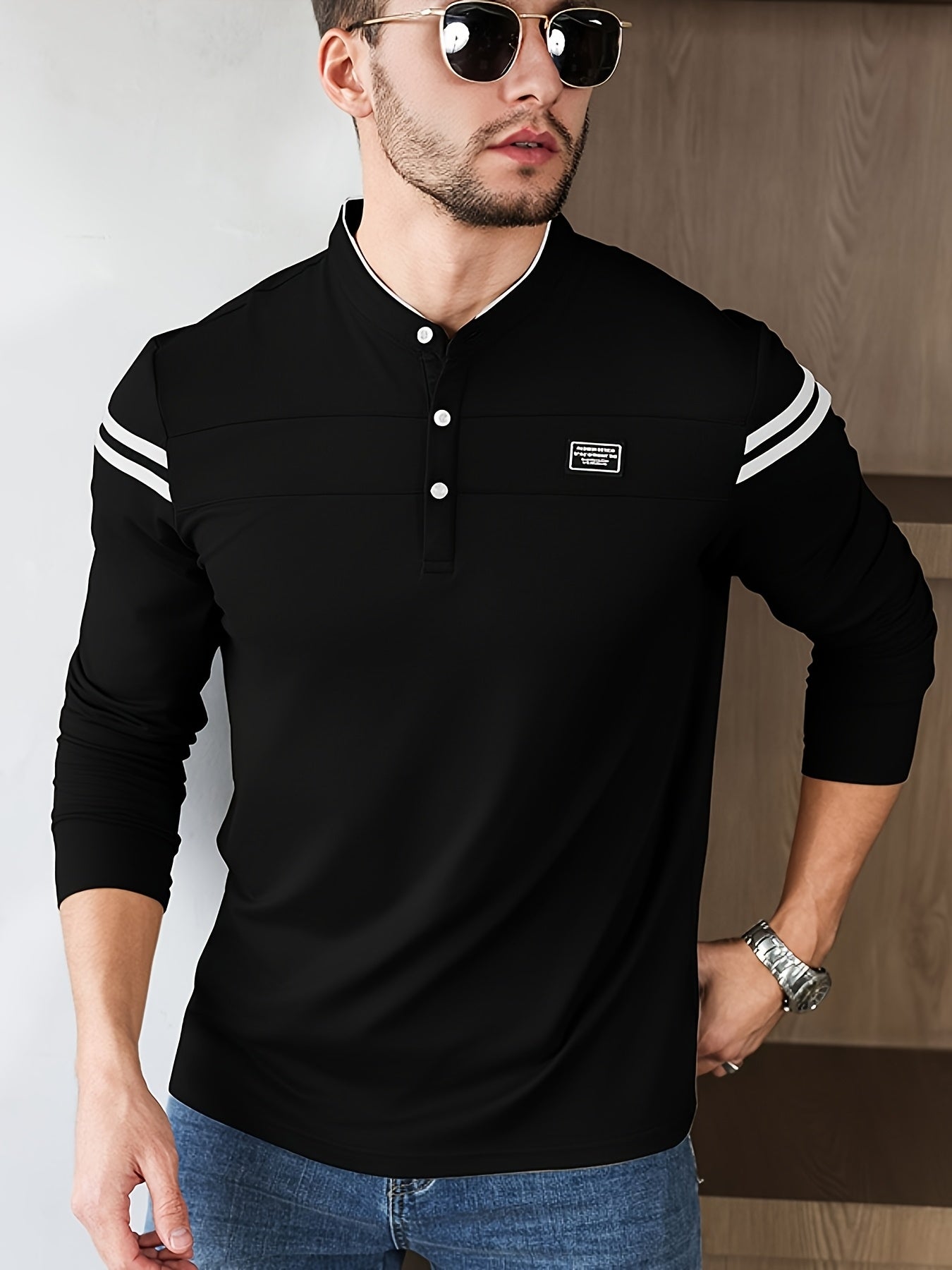 Men'S Casual Long Sleeve T-Shirt - Solid Color with Stand Collar Stripe Polo, Button-Up Front, Ideal for Outdoor Activities