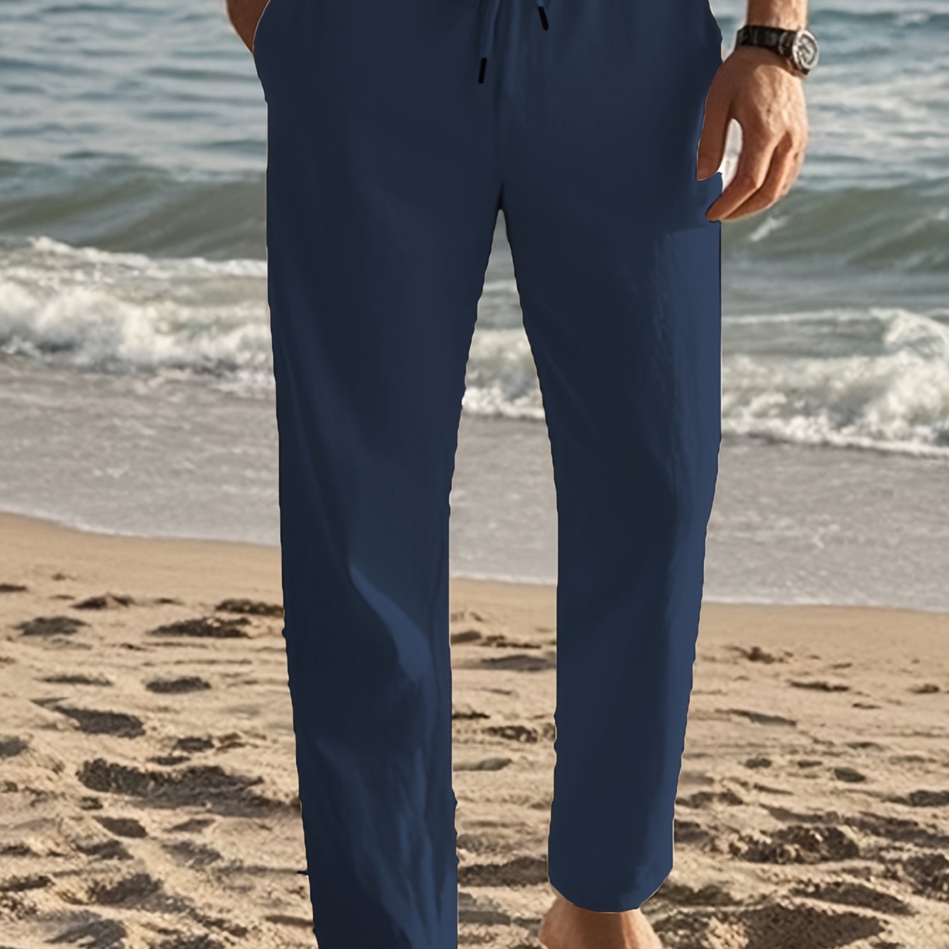 Men'S Casual Linen Drawstring Pants - Comfortable Straight Fit, Lightweight & Breathable for Beach & Outdoor Activities, Beach Casual Wear|Straight Fit Pants|Lightweight Fabric