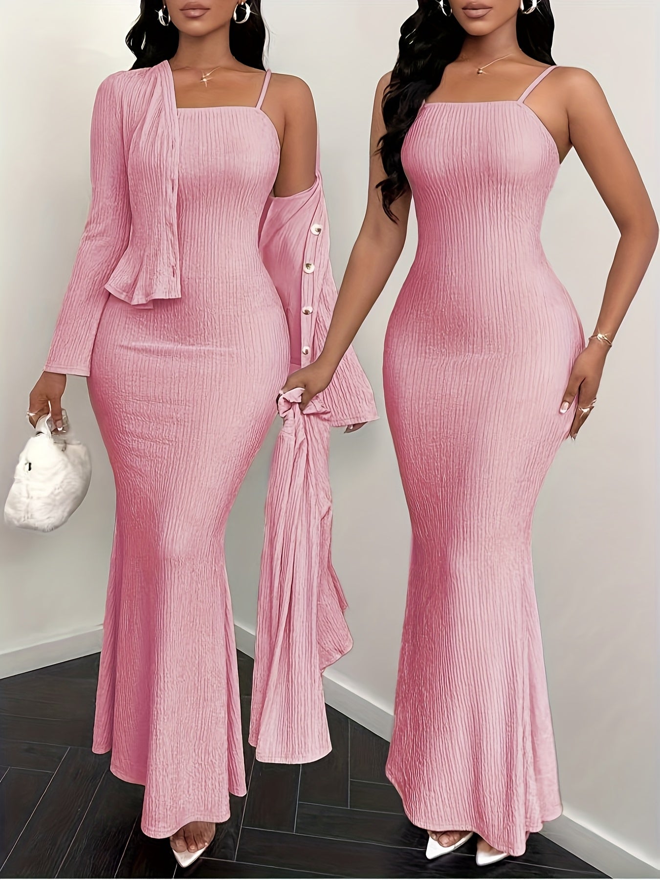 YY0102111 Elegant Solid Color Camisole Dress and Cardigan 2pcs Set, Suitable for Spring Summer Autumn