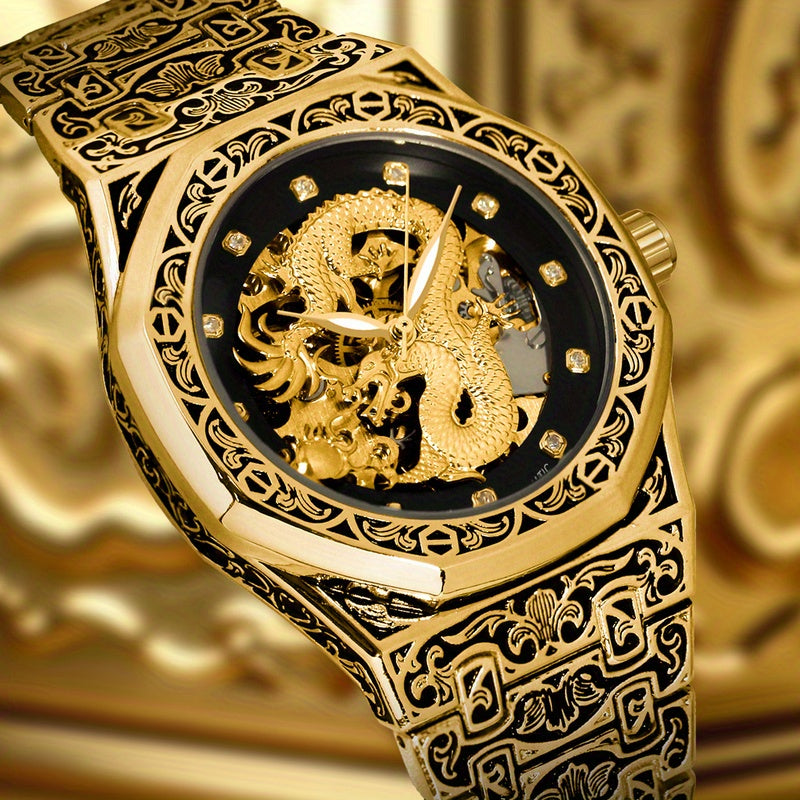 1pc Youth Men's Yellow Steel Strap Business Style Elegant Glow-in-the-Dark Carved Dragon Mechanical Watch