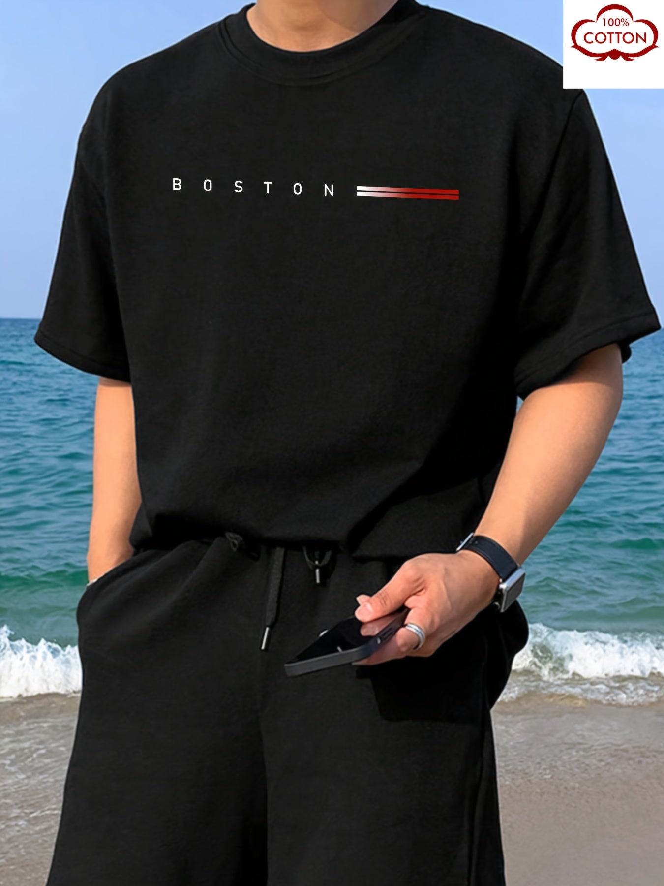 Men's Heavyweight 180gsm Cotton T-Shirt - Dark Gray Crew Neck Tee with Bold "Boston" Print, All-Season Everyday Formal Shirt for Men - Machine Washable Luxury Casual Top, Versatile Clothing, Modern Design, Premium Fabric, S