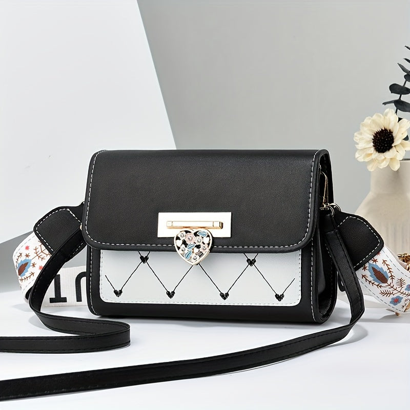 Chic Versatile Women’s Shoulder Bag with Cute Heart Pattern - Adjustable Strap, Magnetic Closure, in Pink, Green, Blue, Black, Casual Crossbody Bag | Playful Heart Design | Decorative Zipper Charm