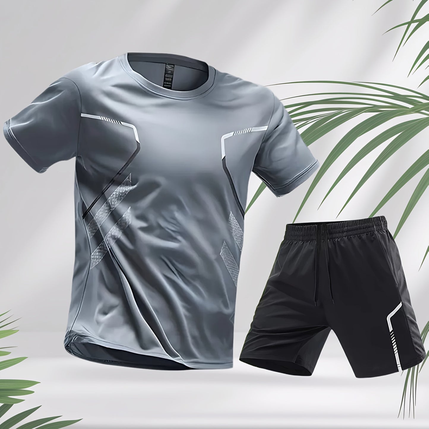 2pcs Men's Running Sportswear Set Summer Ice Sliky Fiber Fabric Quick-Dry Sweat-Absorbent Fitness Casual Short Sleeve Shorts Outfit