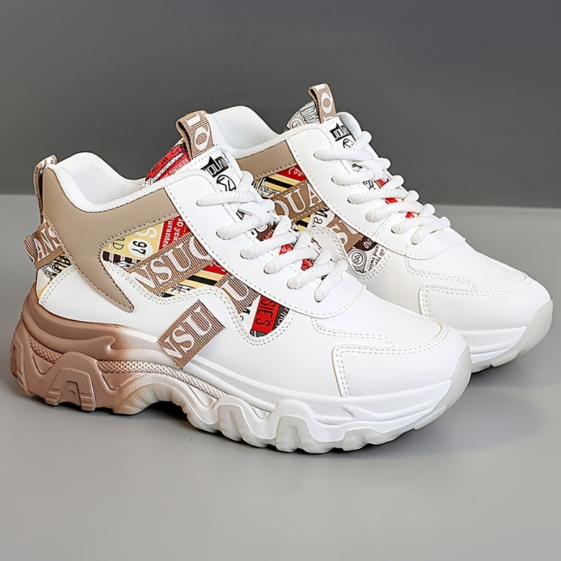 Women's Breathable Lightweight Running Shoes - Trendy Color Block Design with "NO Fear Limits" Print, Casual Athletic Sneakers, Lace-Up Closure, Beige Red Upper, Rubber Sole, All-Season Wear, Ladies Sneakers, Sporty Lifesty
