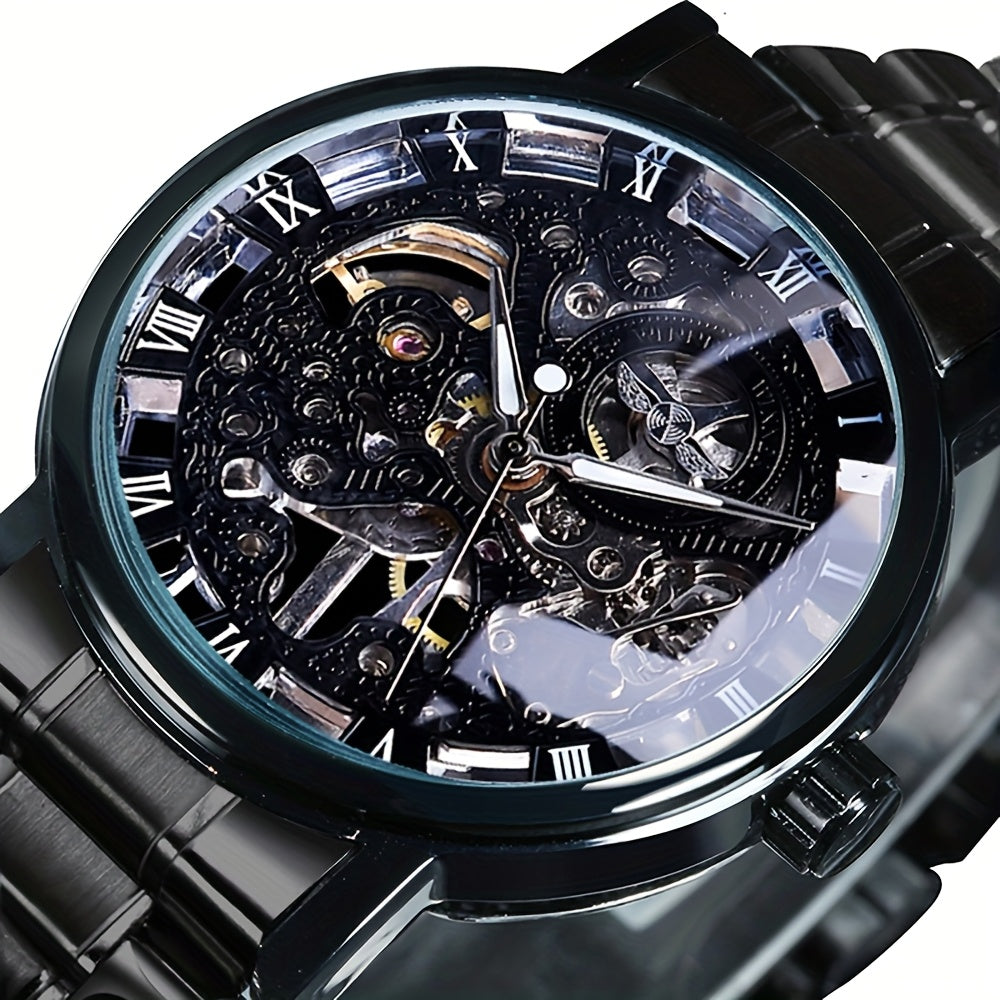 1pc T-WINNER Men'S Luxury Skeleton Automatic Mechanical Watch with Luminous Hands, Black Stainless Steel Strap & Roman Numerals - 3ATM High Quality, Business Casual Style, Includes Gift Box, Business Casual Watch | Skeleton W