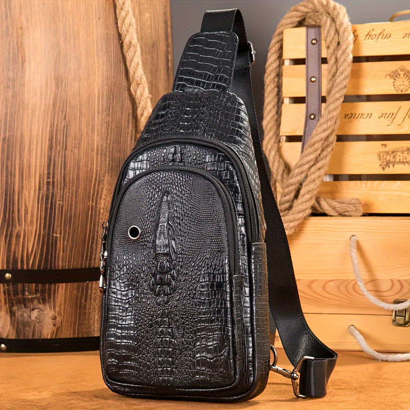 1pc Men's Fashion Crocodile Pattern Waist Bag, Multifunctional Shoulder Trendy Bag