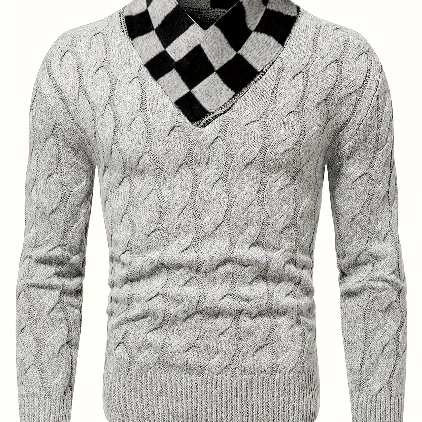 Maqiqiobm Slim Fit Men's Pullover Sweater - 1pc Autumn/Winter Thickened New Style, Comfortable Warm Solid Color Twist Knit Long Sleeve, Checkerboard Collar Design, Business Casual Daily Layering Knit Top, Suitable for Autumn