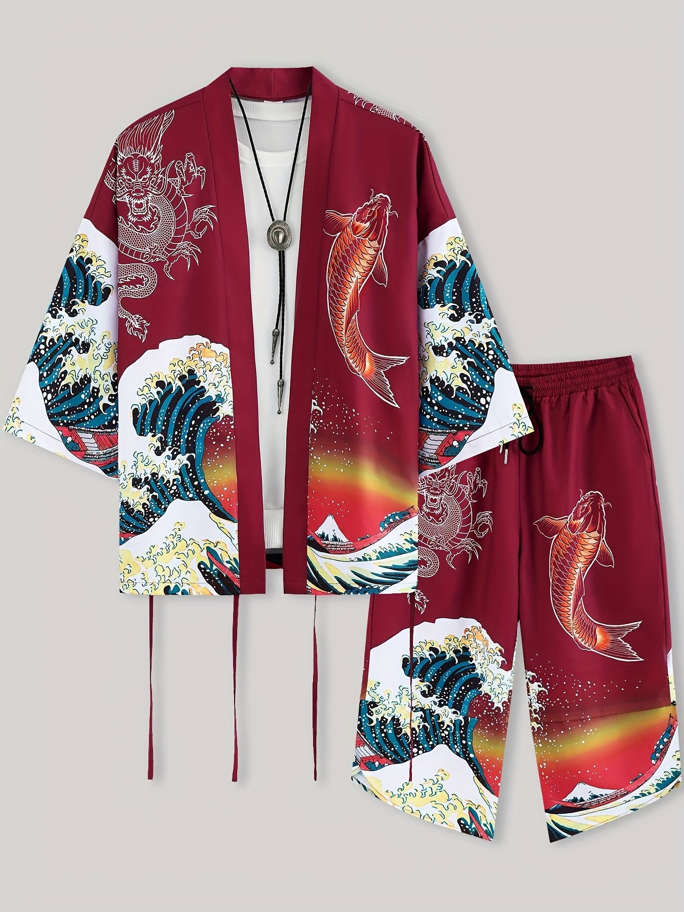 Men's Kimono Set with Carp Leaping Over the Dragon Gate Pattern