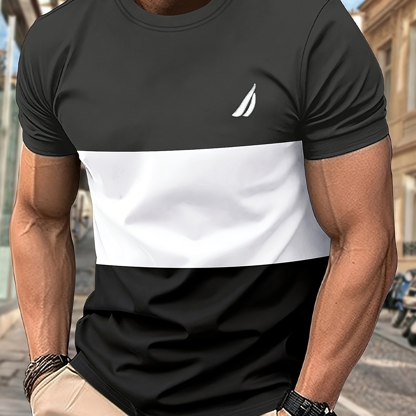 Men's Round Neck T-Shirt, Three-Color Patchwork Top with Asymmetric Double Stripes, Trendy Comfortable Breathable High-Quality Factory-Made Casual Fit