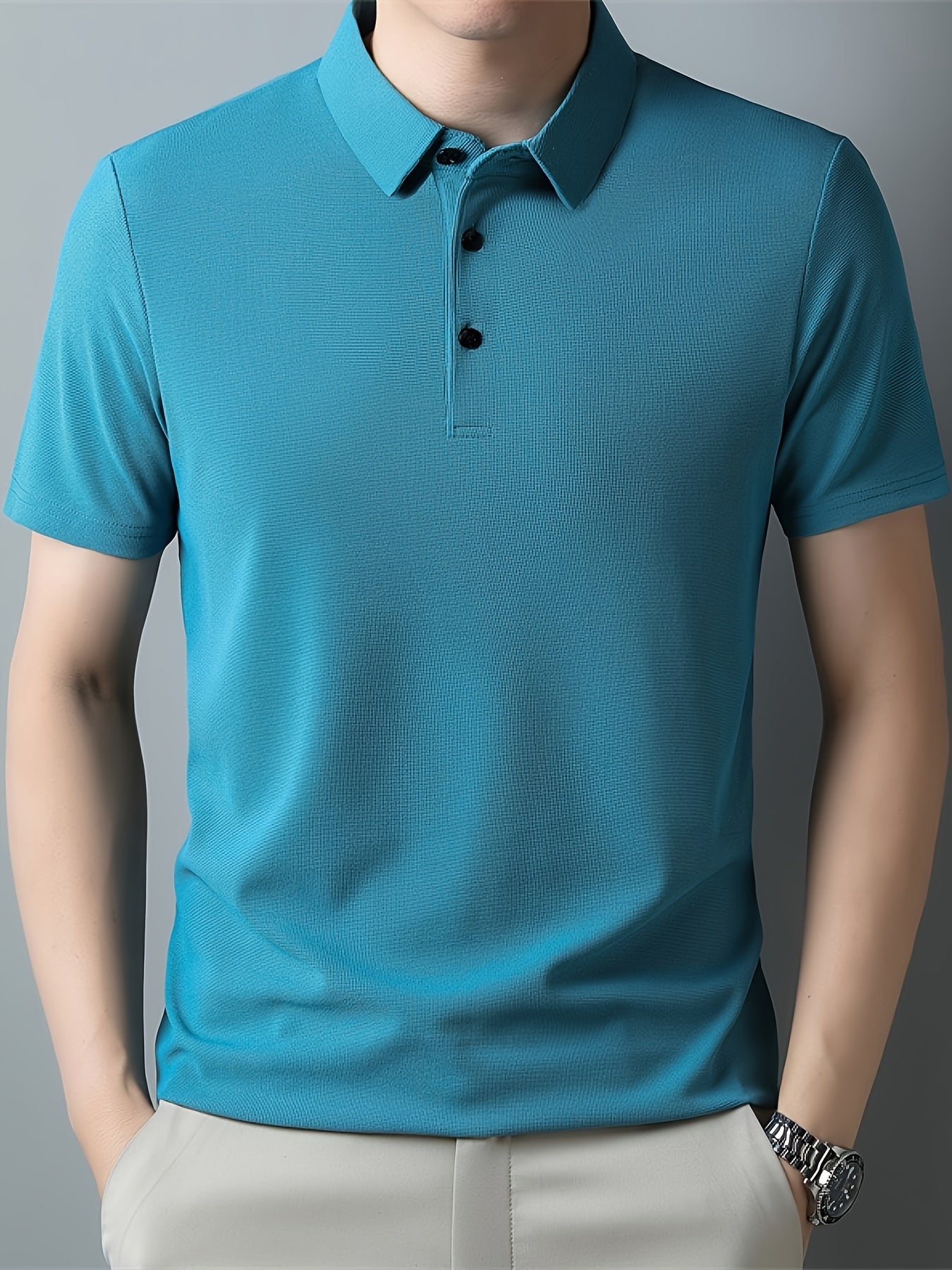 Men's Solid Short Sleeve And Lapel Collar Henley Shirt, Casual And Comfy Sports Tops For Summer Golf Wear And Outdoors Activities
