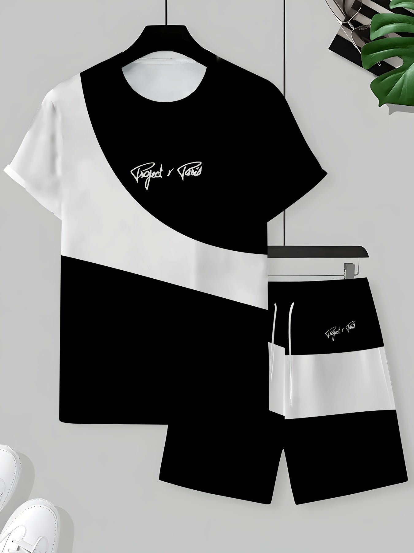 1 Set of 2pcs 3D Letter Print Fashion Tri-Color Men's Summer Fresh T-Shirt and Shorts Set, Slightly Stretchy Polyester Knit Fabric, Regular Fit, Suitable for Outdoor Activities and Family Gatherings
