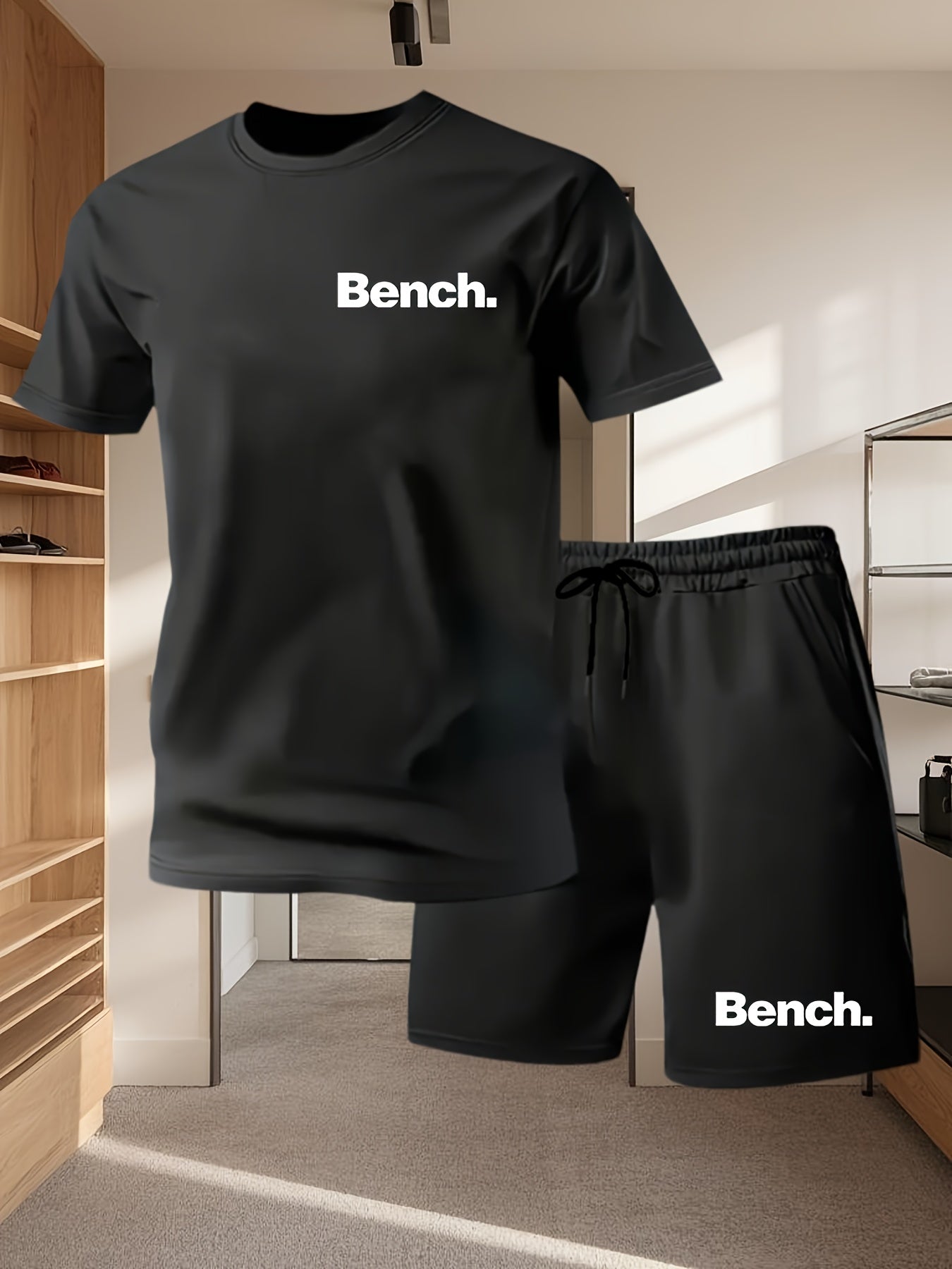 Summer Men'S Casual Sports Short Sleeve T-Shirt and Shorts Set, Comfortable Breathable, Suitable for Outdoor Jogging Running Fitness, Bench. Letter Print Design - 2pcs