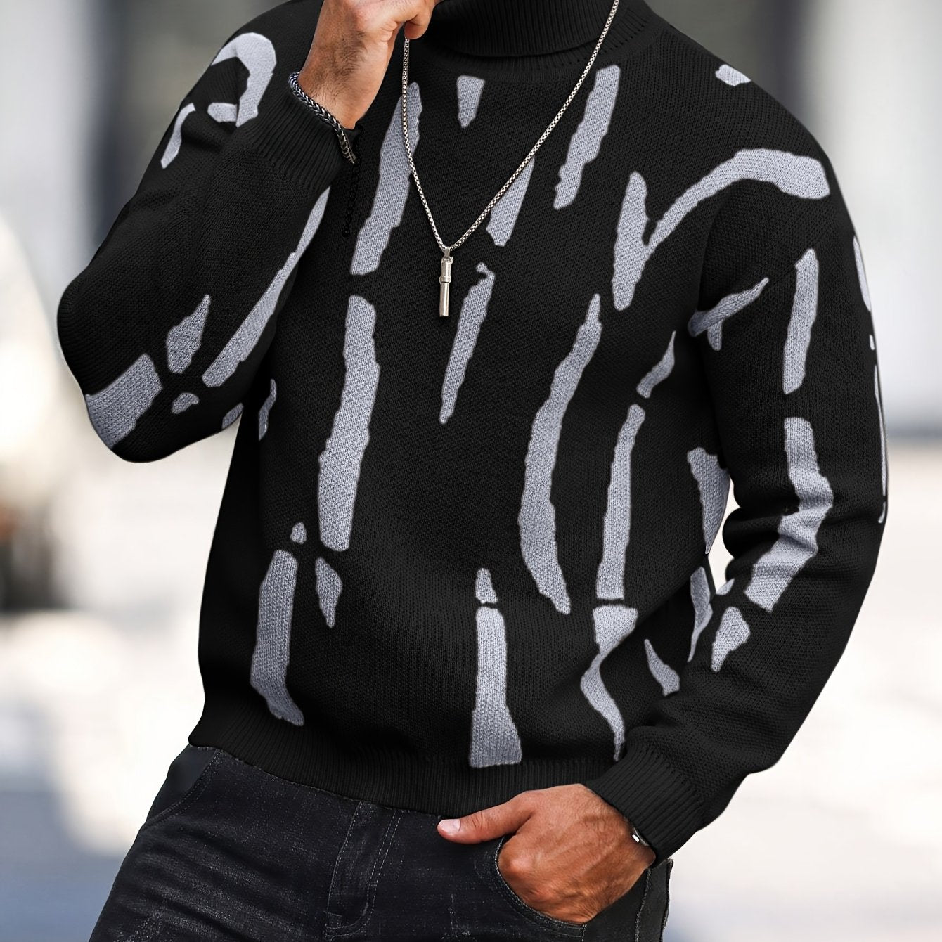 Men's Zebra Stripe Knit Sweater - High Neck Winter Pullover with Zebra Stripes, Warm Casual Sweaters for Weather, Hand Washable Fall/Winter Wardrobe Essential (Regular Fit) - ayq
