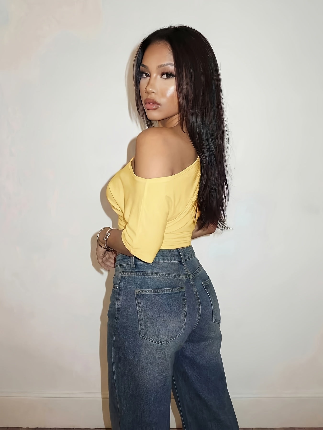 Elegant Off-Shoulder White T-Shirt Top with Pleated Waist