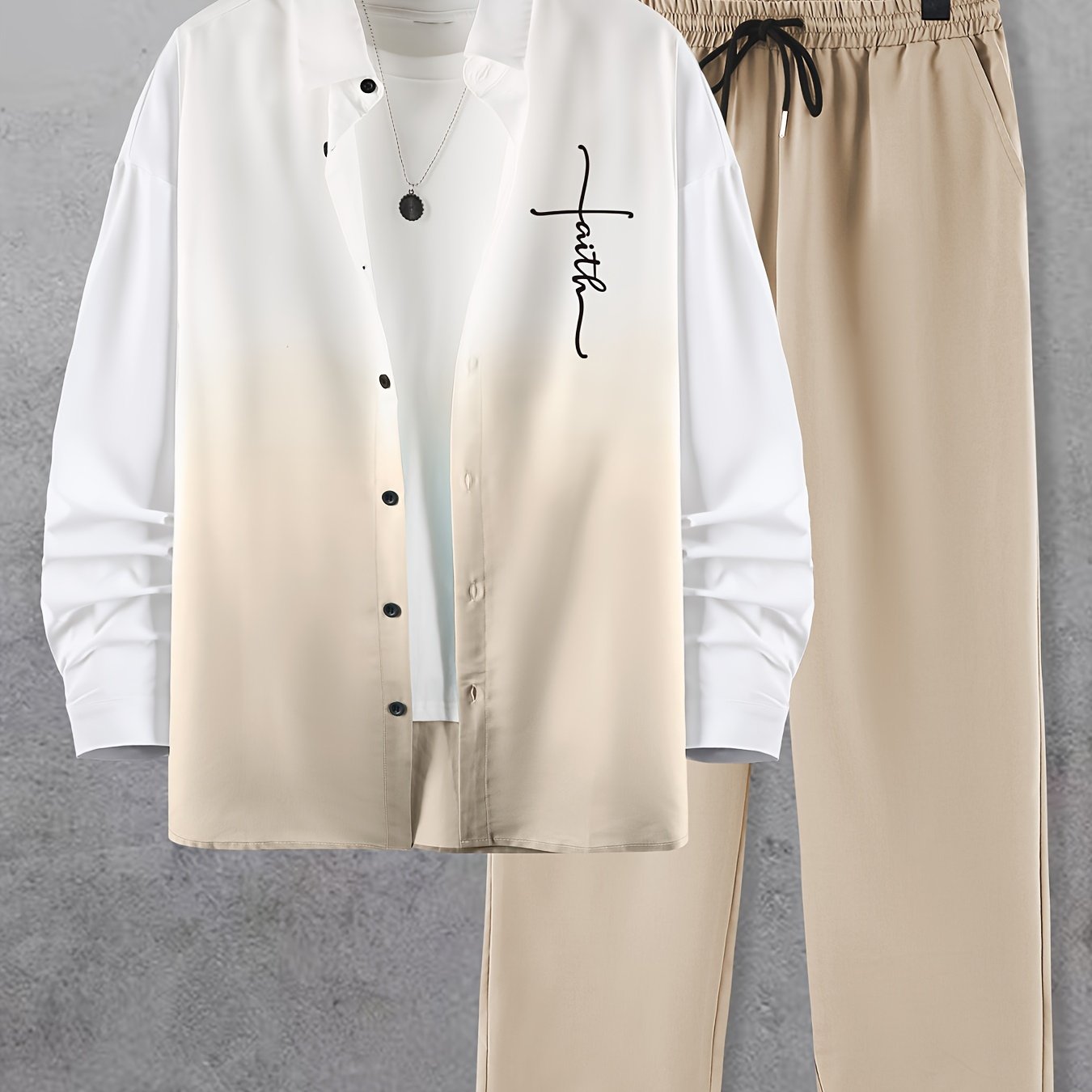 Men's Trendy Gradient Print Collar Long Sleeve Shirt and Pants Fashion Set