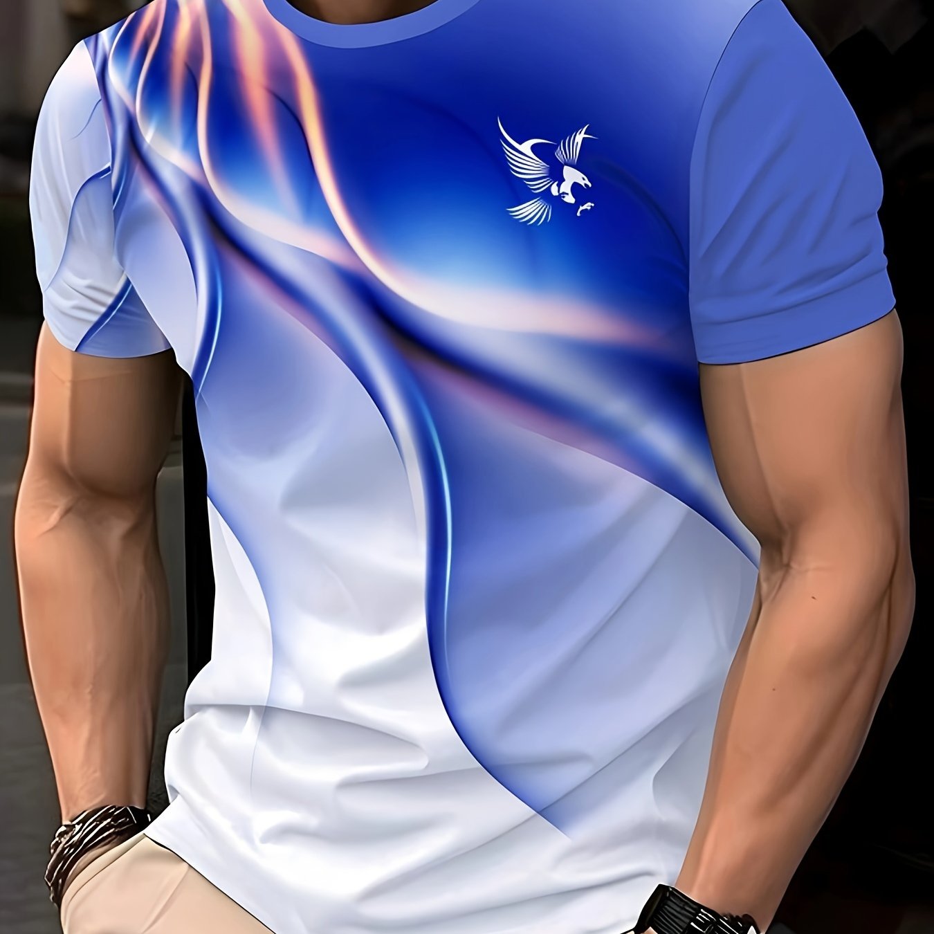 Men'S Round Neck T-Shirt with a Simple Multicolored Bird Pattern Print in Trendy Style.
