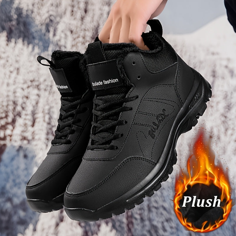 Men's Mid-Top Outdoor Sneakers | Plush Lining for Warmth | Durable MD Sole | All-Season Comfort | Stylish Black | Casual Walking Shoes with Hook & Loop Fastener | Ideal for Travel and Everyday Use