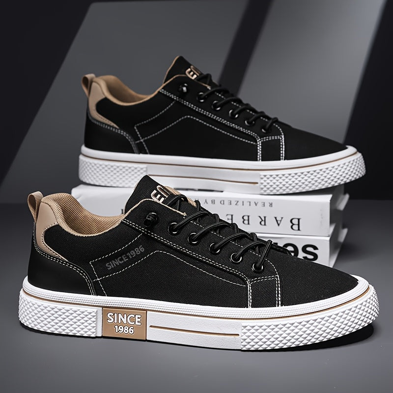 Men's Casual Low-Top Sneakers - Breathable Fabric Durable PVC Sole, Black Beige Contrast Design, Lace-Up Round Toe for All-Season Comfort, Versatile for Casual Semi-Formal Wear, Comfortable Footwear, Fabric Upper