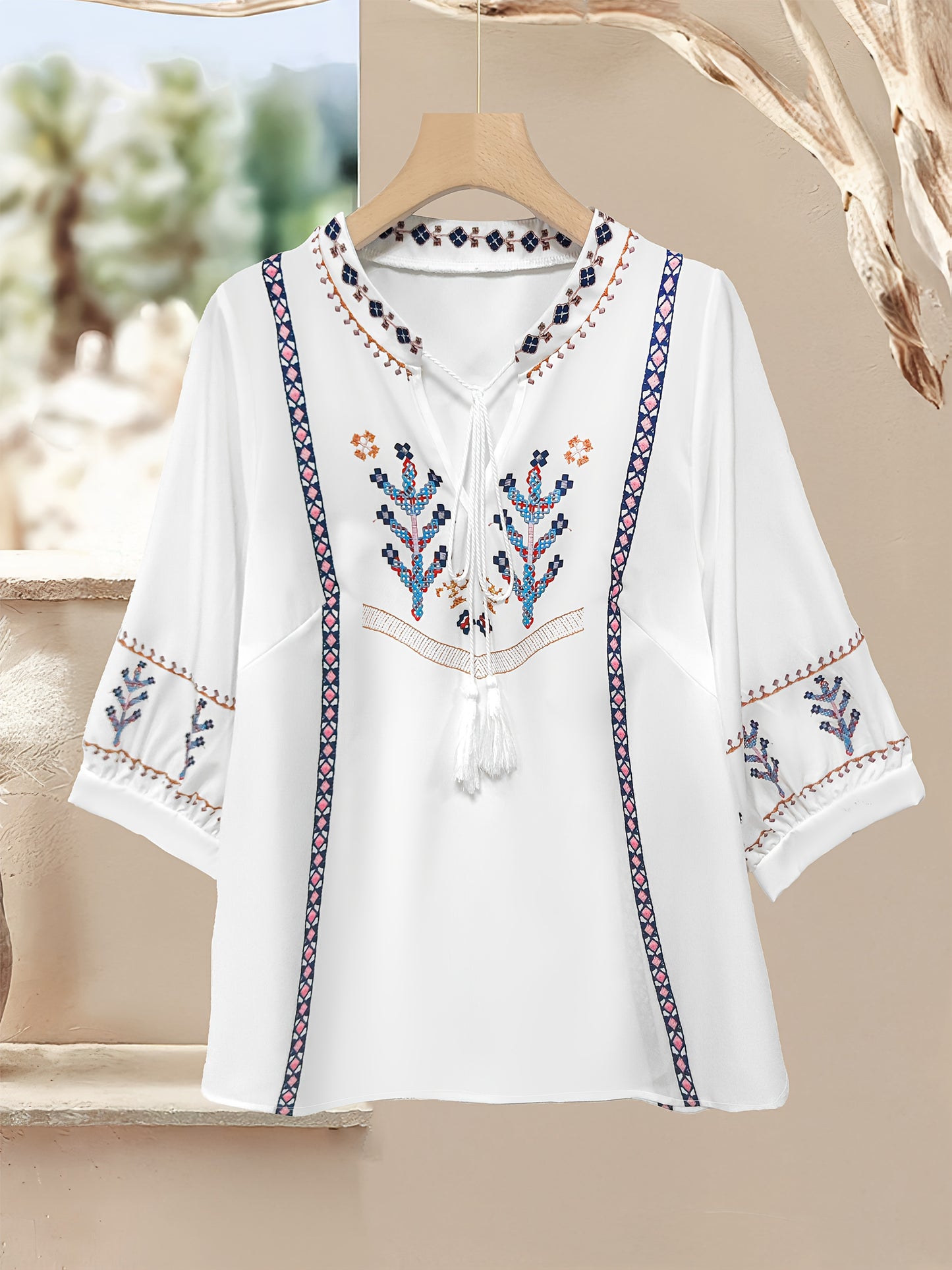 Elegant Ethnic Style Loose-Fit Top and Solid Color Casual Pants 2pcs Set for Women - Chic V-Neck with Floral Pattern, Long Sleeve, Polyester Blend, Perfect for Spring/Summer/Fall