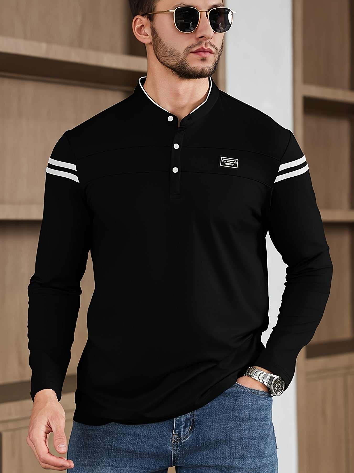 Men'S Casual Long Sleeve T-Shirt - Solid Color with Stand Collar Stripe Polo, Button-Up Front, Ideal for Outdoor Activities