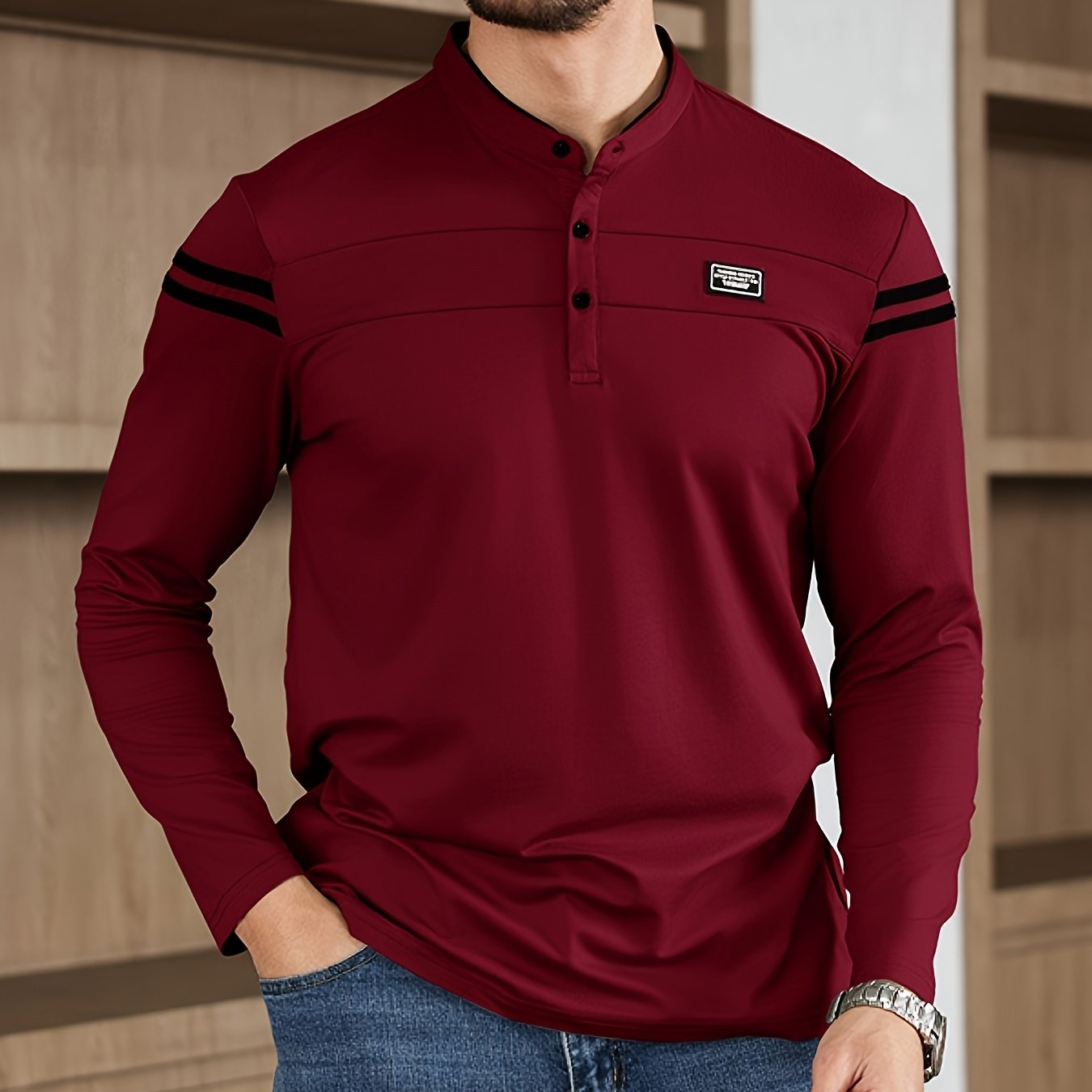 Men'S Casual Long Sleeve T-Shirt - Solid Color with Stand Collar Stripe Polo, Button-Up Front, Ideal for Outdoor Activities