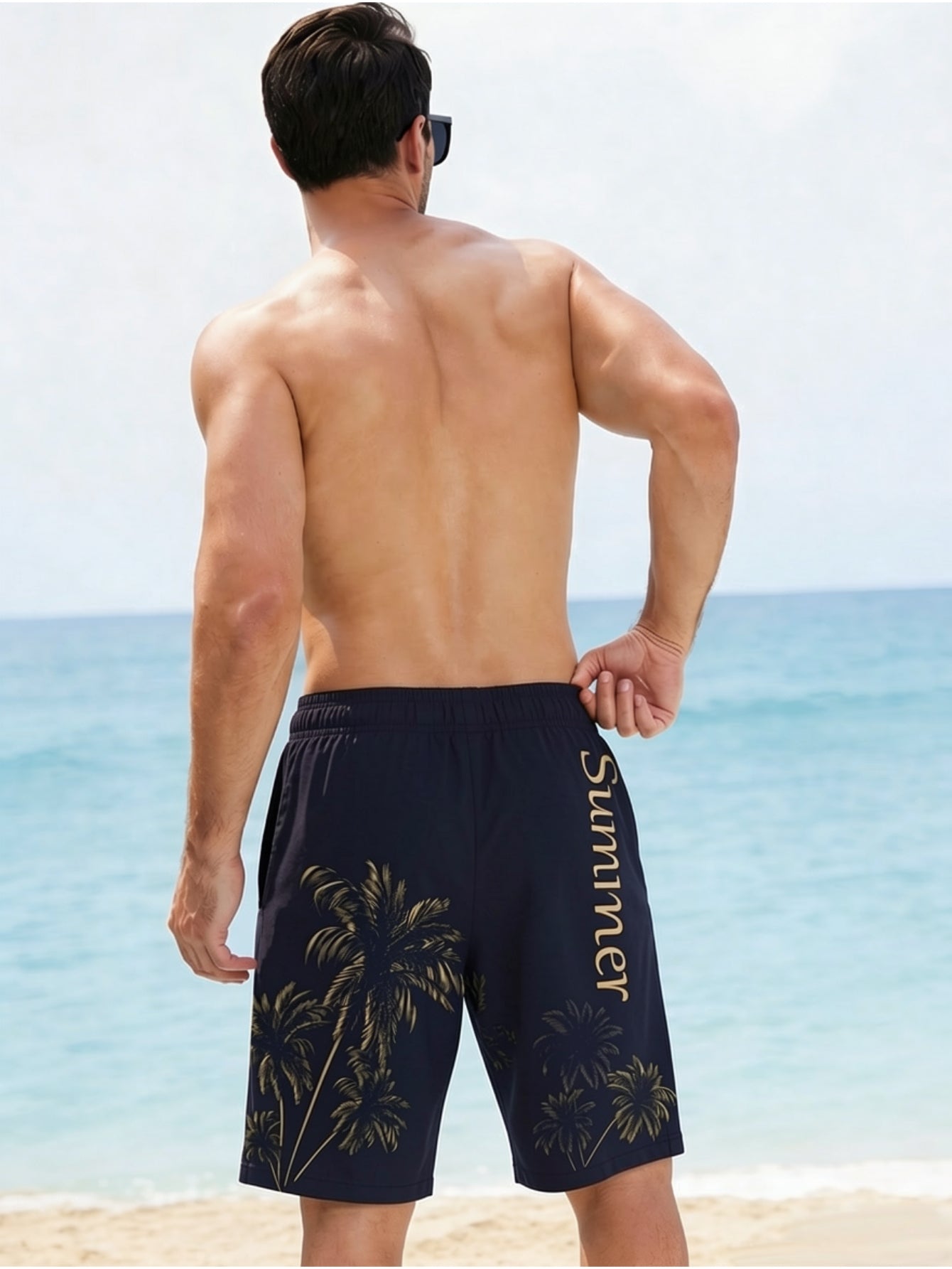 Men's Black Palm Tree Swim Trunks Lightweight Summer Shorts