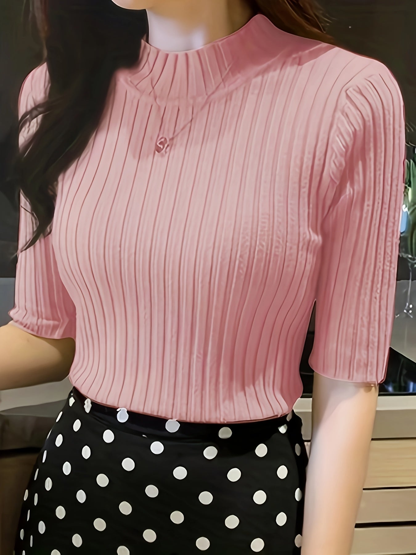 Women's Elegant Solid Color Ribbed Pullover Top - Short Sleeve Regular Fit Machine-Washable All-Season Versatile Blouse for Casual & Formal Wear