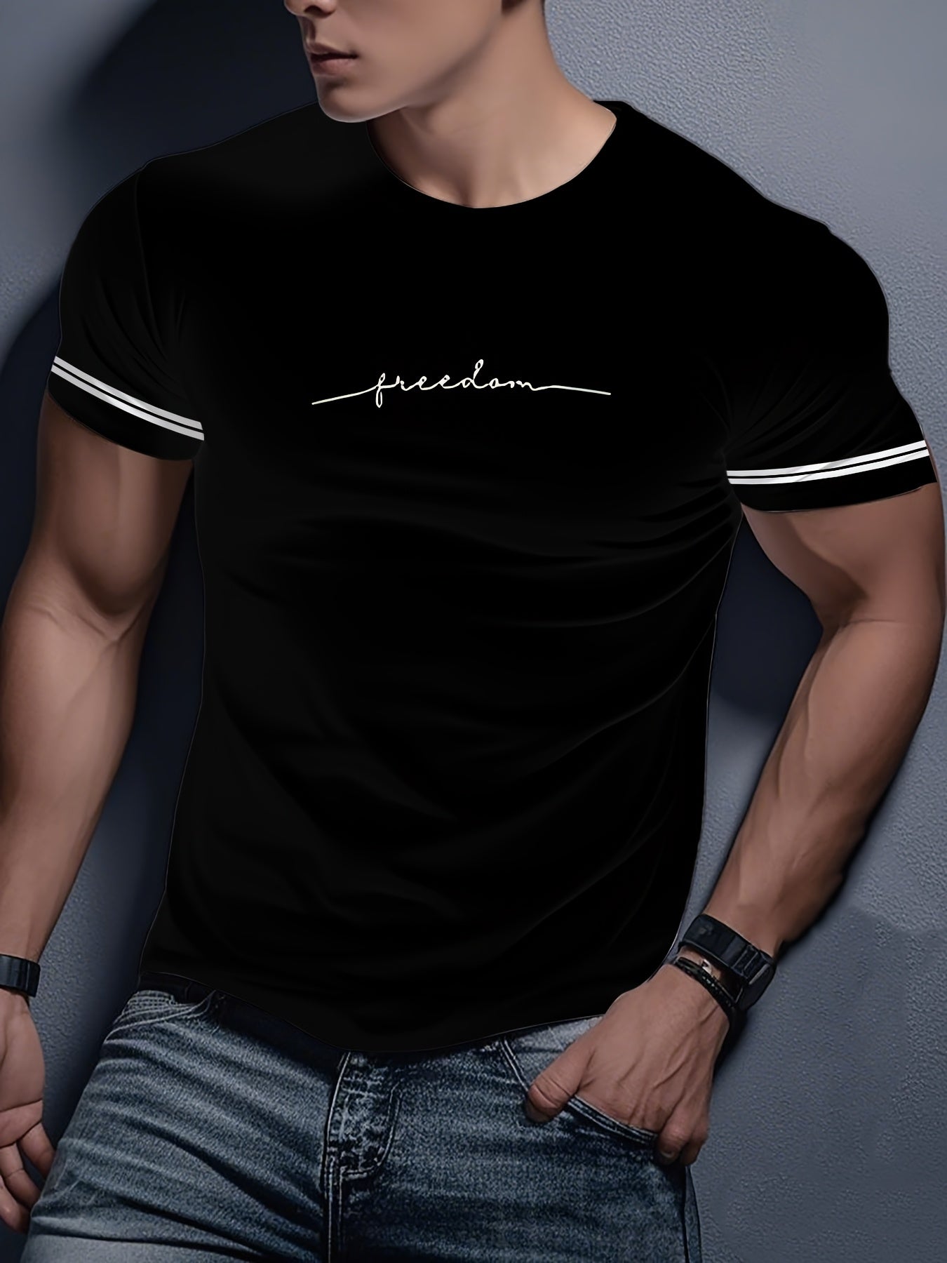 Men'S "Freedom" Graphic T-Shirt - Black Casual Crew Neck Tee with White Stripes, Breathable Polyester Blend, Regular Fit for Casual Attire, Everyday Tshirt Bold Print Tee Comfortable Fit, Knit