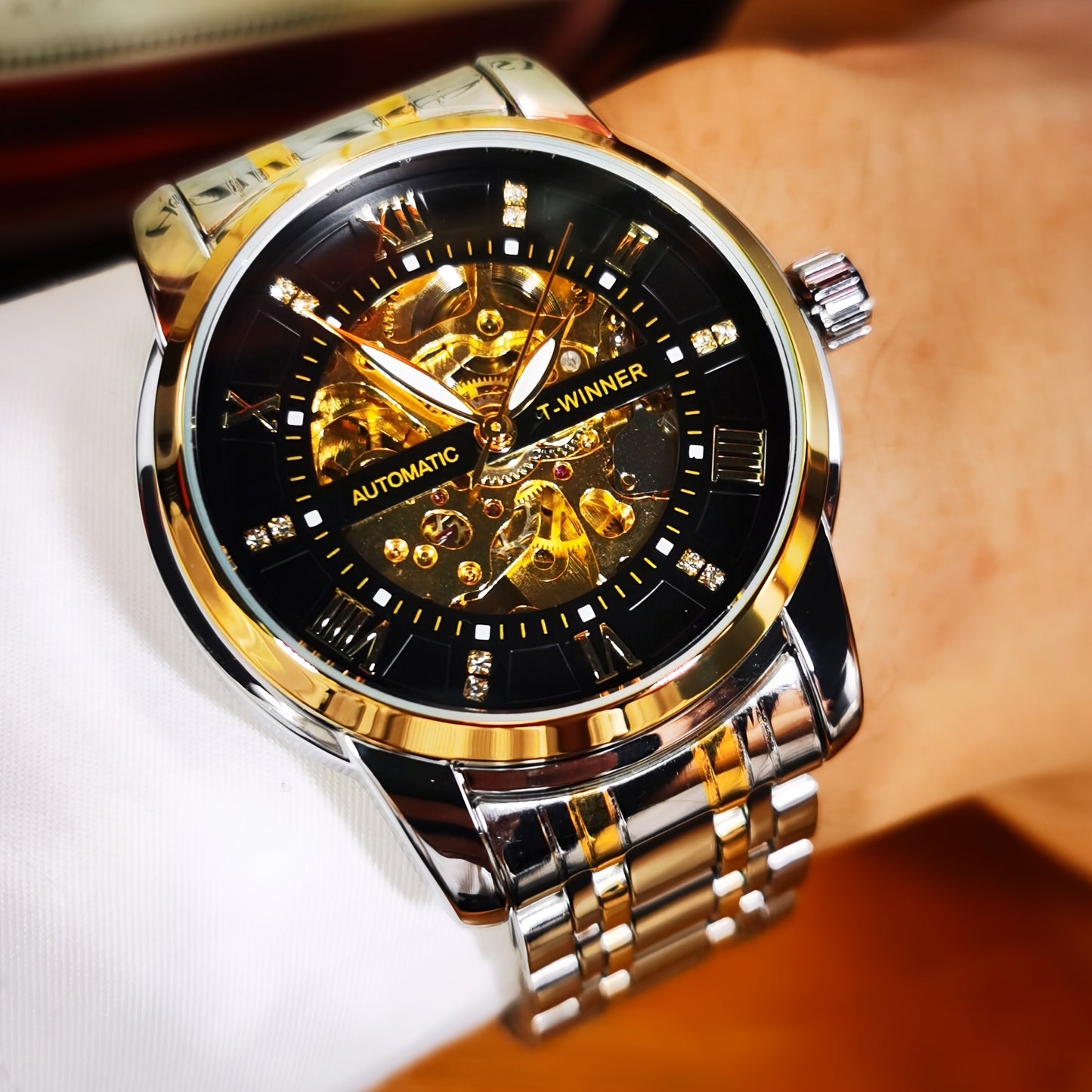 1pc Fashion Luxury Golden Skeleton Automatic Mechanical Watch for Men Luminous Hands Top Brand Stainless Steel Strap Business Casual Mens Watches Festival Birthday Gifts, TWINNER